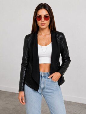 Black Luxe Faux Leather Drape Front Blazer Jacket Size Small NWT